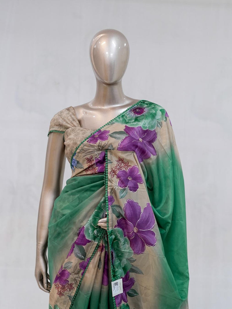 Emerald Green Paper Silk Saree with Floral Digital Print