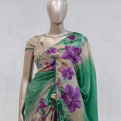 Emerald Green Paper Silk Saree with Floral Digital Print