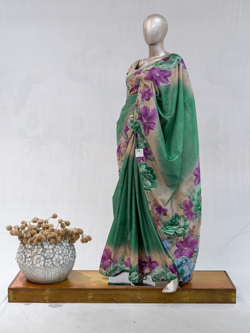 Emerald Green Paper Silk Saree with Floral Digital Print