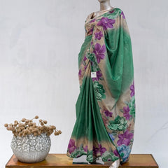 Emerald Green Paper Silk Saree with Floral Digital Print