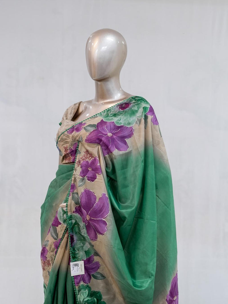 Emerald Green Paper Silk Saree with Floral Digital Print