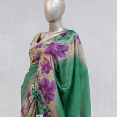 Emerald Green Paper Silk Saree with Floral Digital Print