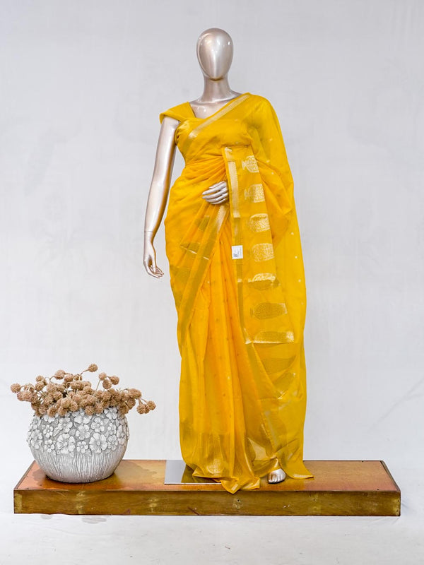 Mustard Yellow Semi Silk Kota Saree with Gold Zari Border  SAN5486