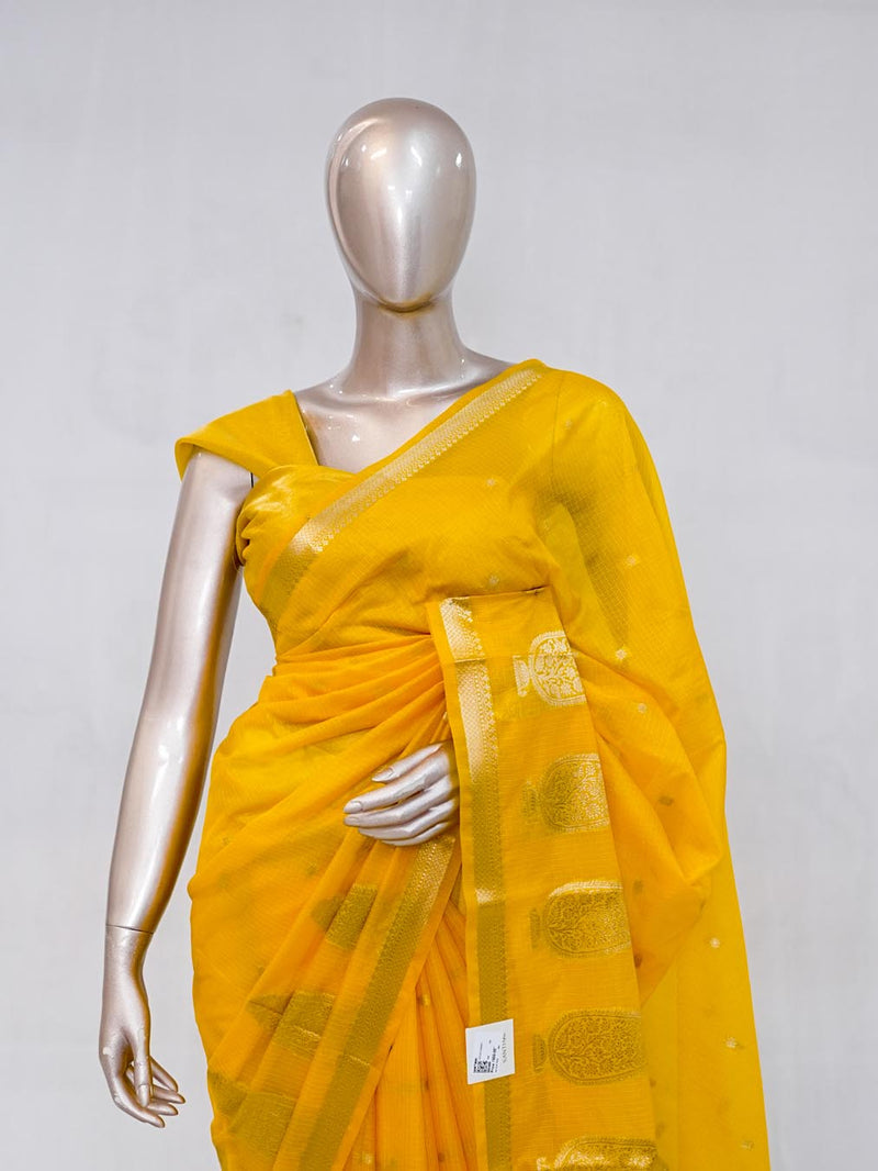 Mustard Yellow Semi Silk Kota Saree with Gold Zari Border  SAN5486