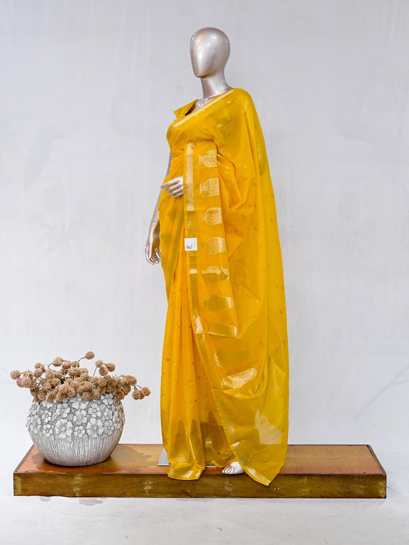 Mustard Yellow Semi Silk Kota Saree with Gold Zari Border  SAN5486