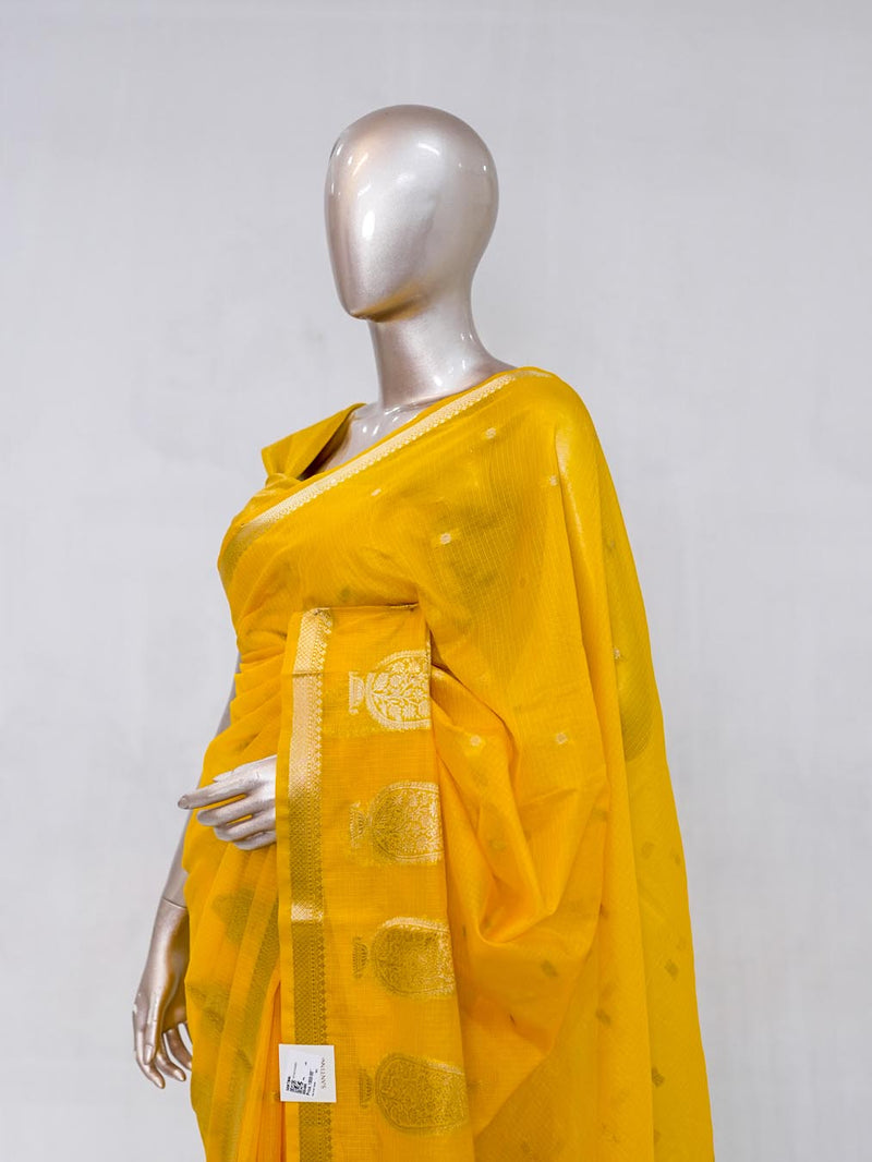 Mustard Yellow Semi Silk Kota Saree with Gold Zari Border  SAN5486