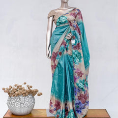 Aqua Blue Paper Silk Saree with Floral Digital Print SAN5490