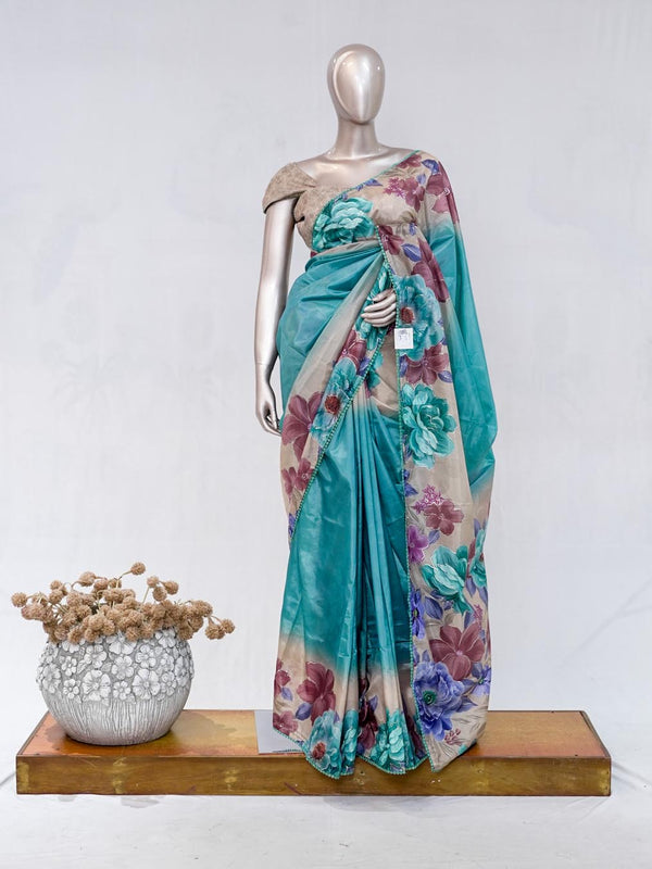 Aqua Blue Paper Silk Saree with Floral Digital Print SAN5490