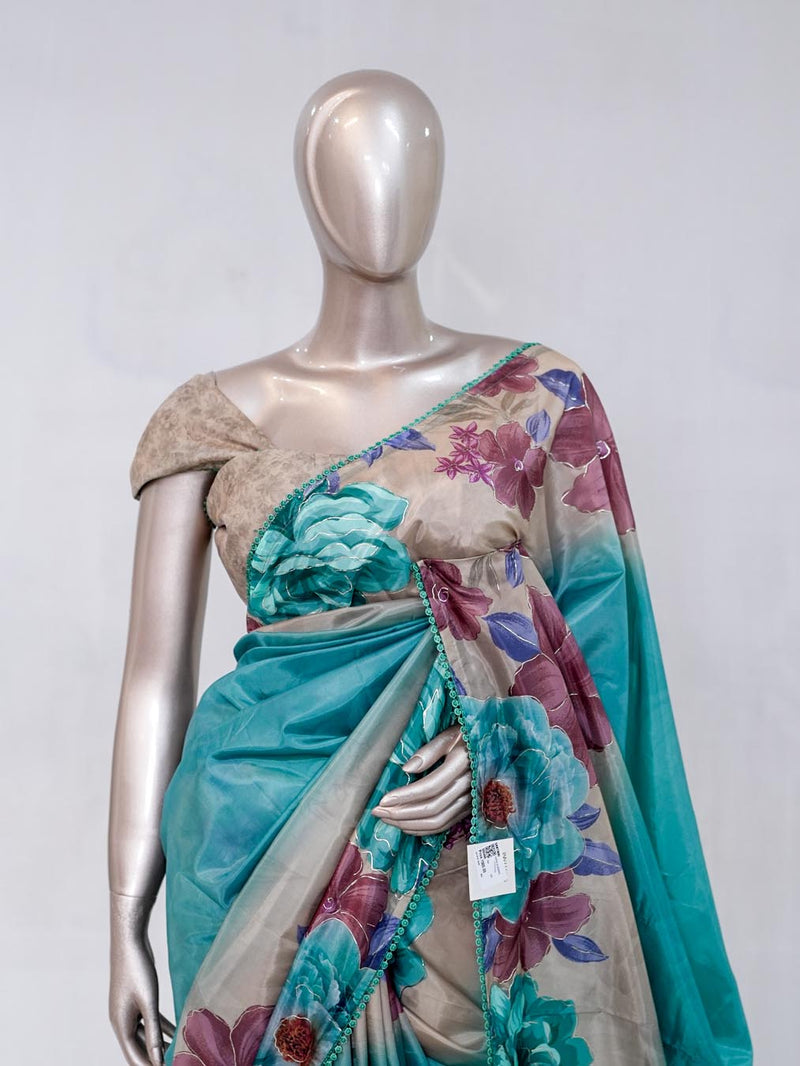 Aqua Blue Paper Silk Saree with Floral Digital Print SAN5490