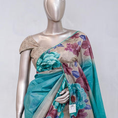 Aqua Blue Paper Silk Saree with Floral Digital Print SAN5490
