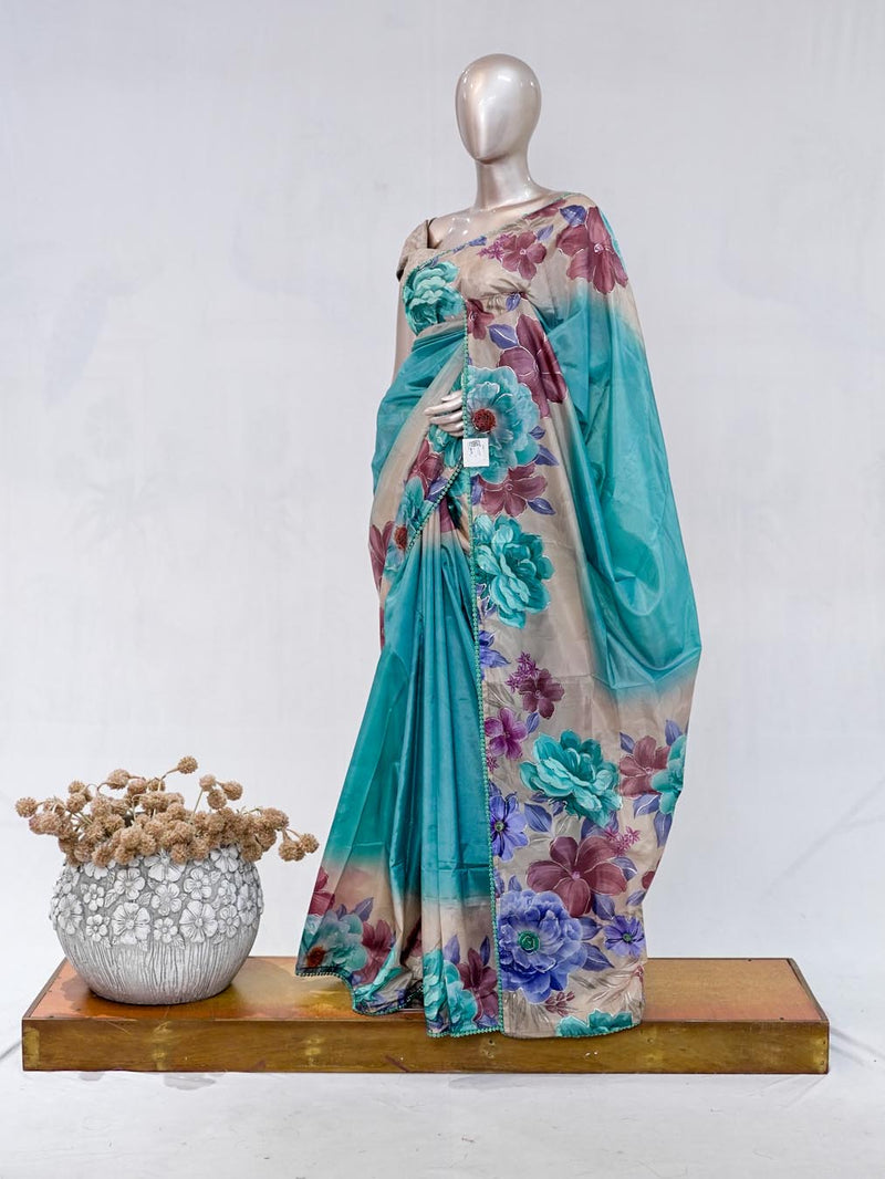 Aqua Blue Paper Silk Saree with Floral Digital Print SAN5490