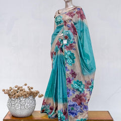 Aqua Blue Paper Silk Saree with Floral Digital Print SAN5490