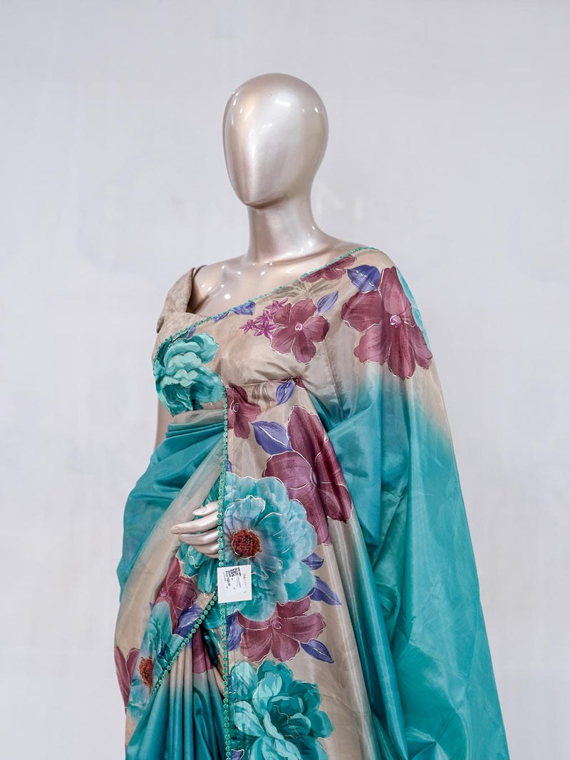 Aqua Blue Paper Silk Saree with Floral Digital Print SAN5490