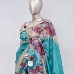 Aqua Blue Paper Silk Saree with Floral Digital Print SAN5490