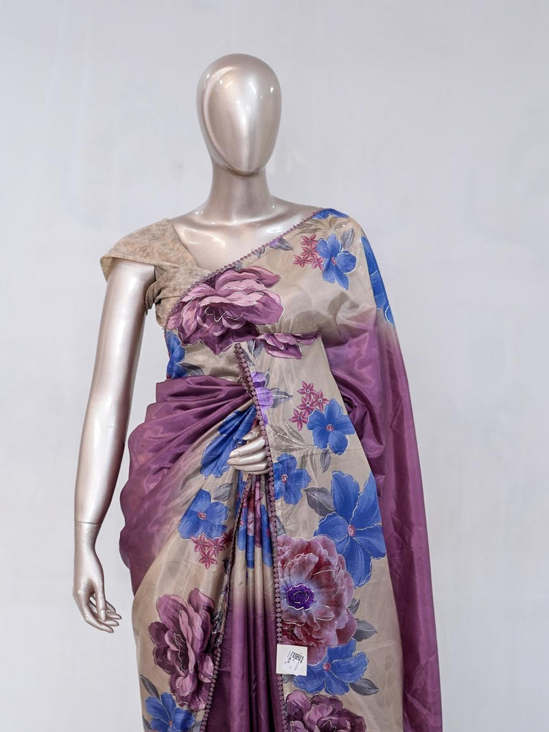 Mauve Purple Paper Silk Saree with Floral Digital Print SAN5490