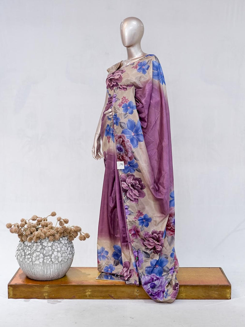 Mauve Purple Paper Silk Saree with Floral Digital Print SAN5490