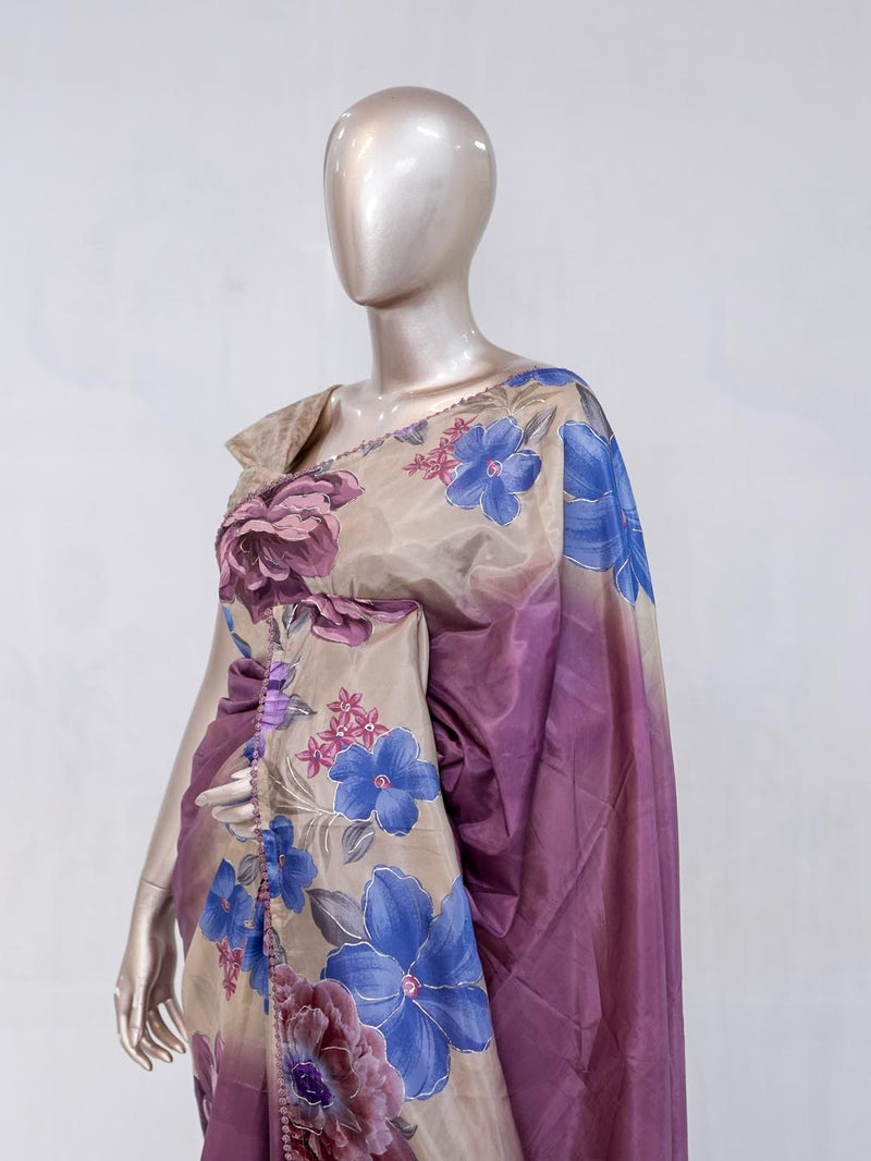 Mauve Purple Paper Silk Saree with Floral Digital Print SAN5490