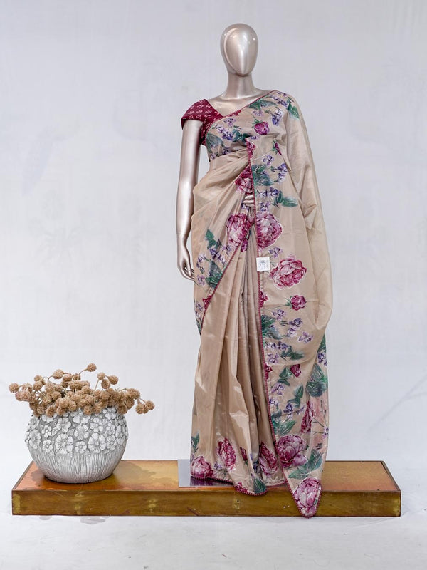Beige Rose Pink Paper Silk Saree with Floral Digital Print  SAN5490