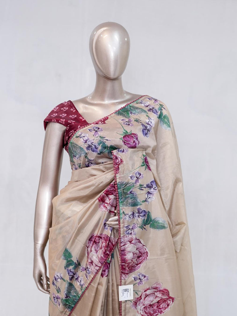 Beige Rose Pink Paper Silk Saree with Floral Digital Print  SAN5490