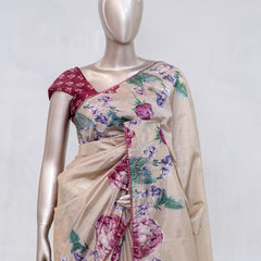 Beige Rose Pink Paper Silk Saree with Floral Digital Print  SAN5490