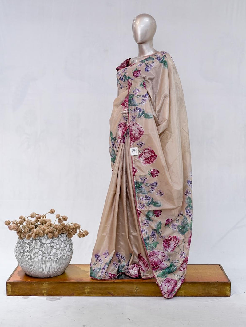 Beige Rose Pink Paper Silk Saree with Floral Digital Print  SAN5490