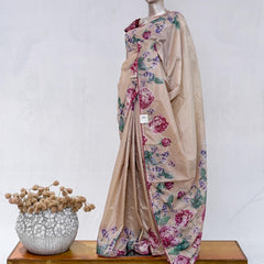 Beige Rose Pink Paper Silk Saree with Floral Digital Print  SAN5490
