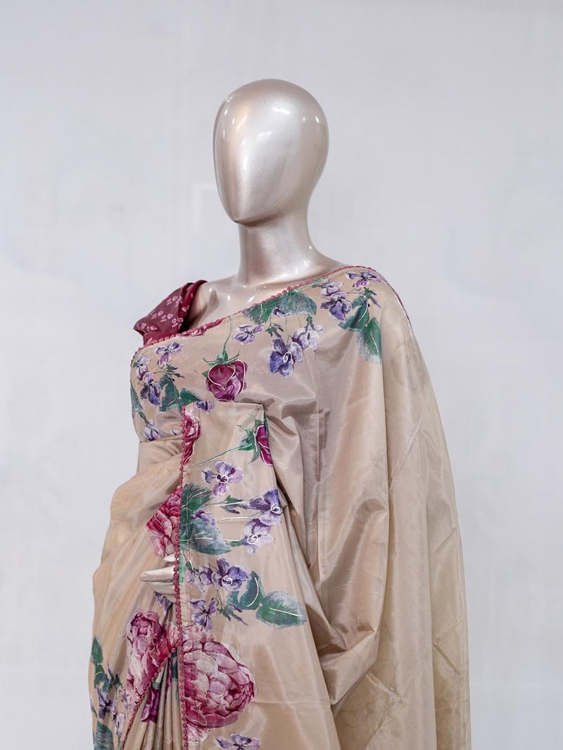 Beige Rose Pink Paper Silk Saree with Floral Digital Print  SAN5490