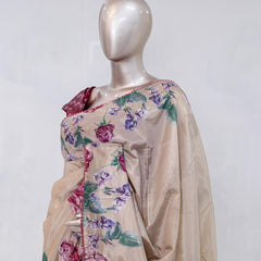 Beige Rose Pink Paper Silk Saree with Floral Digital Print  SAN5490