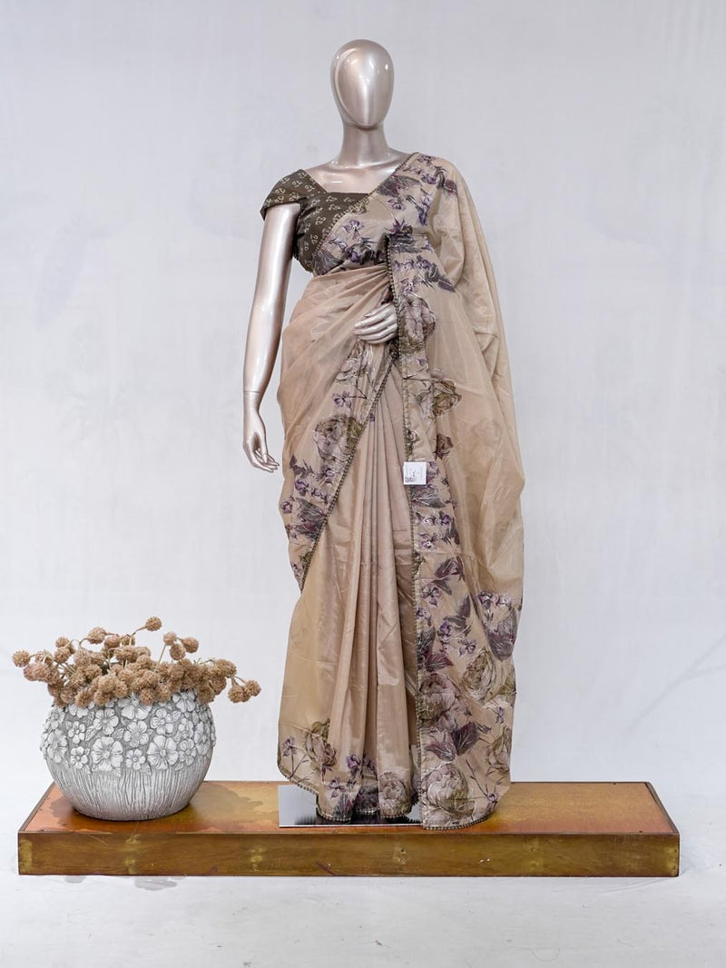 Beige Taupe Paper Silk Saree with Floral Digital Print  SAN5332