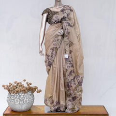 Beige Taupe Paper Silk Saree with Floral Digital Print  SAN5332
