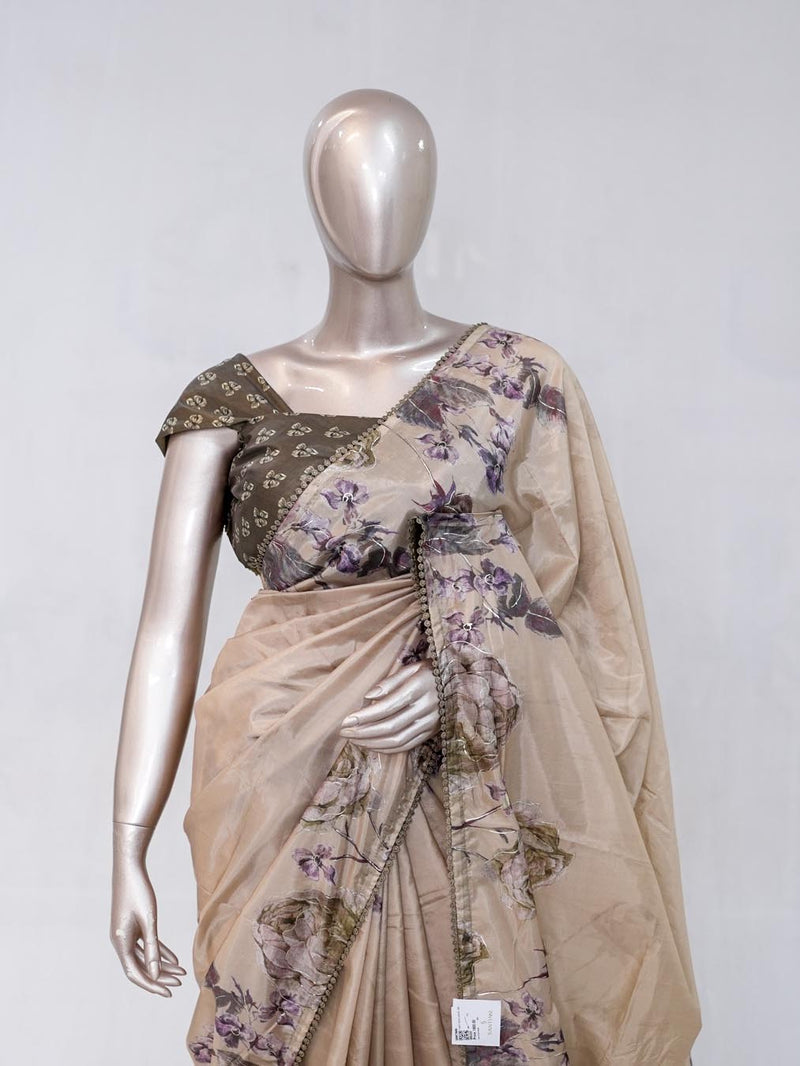 Beige Taupe Paper Silk Saree with Floral Digital Print  SAN5332