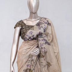 Beige Taupe Paper Silk Saree with Floral Digital Print  SAN5332