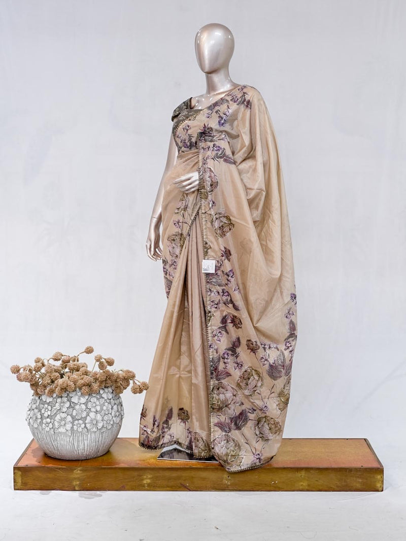 Beige Taupe Paper Silk Saree with Floral Digital Print  SAN5332