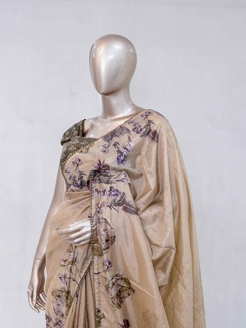 Beige Taupe Paper Silk Saree with Floral Digital Print  SAN5332