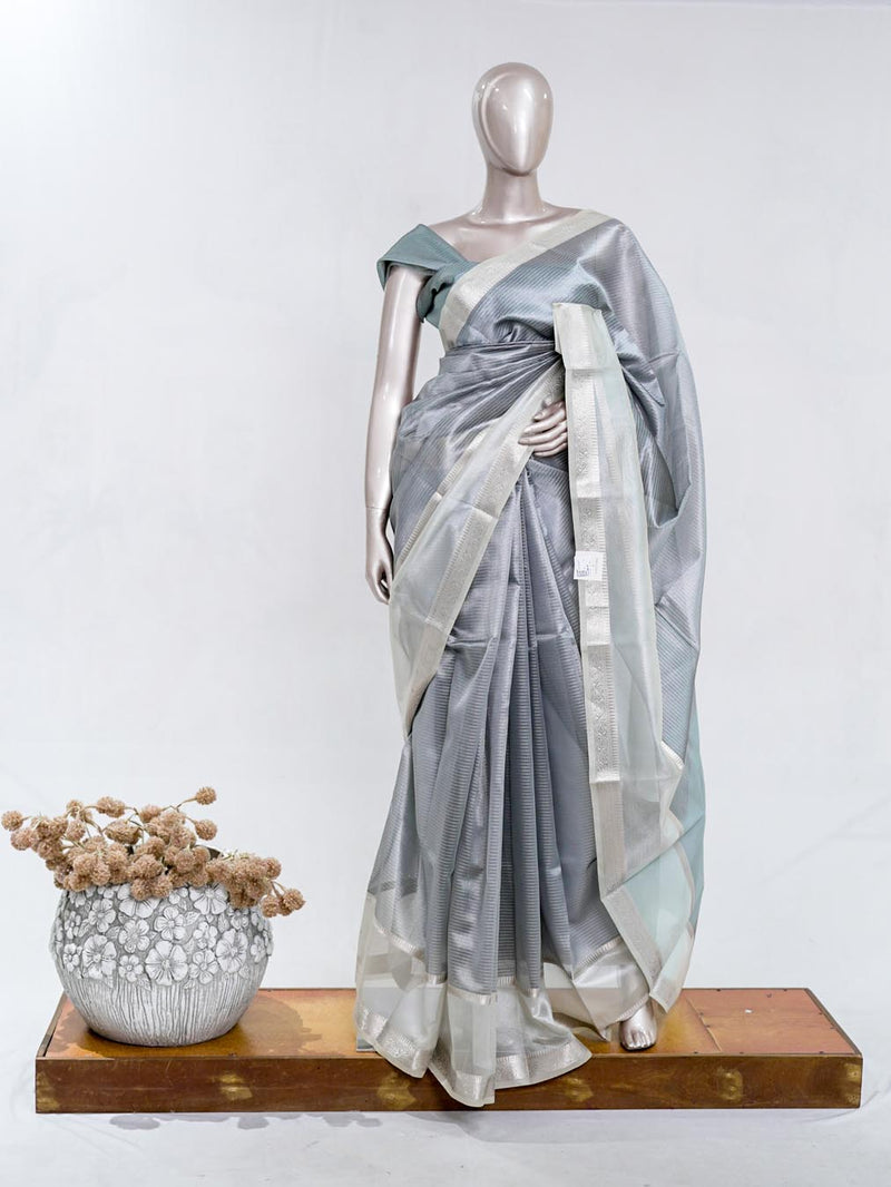 Silver Grey Tissue Organza Saree with Silver Zari Border SAN5484