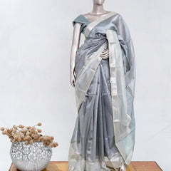 Silver Grey Tissue Organza Saree with Silver Zari Border SAN5484