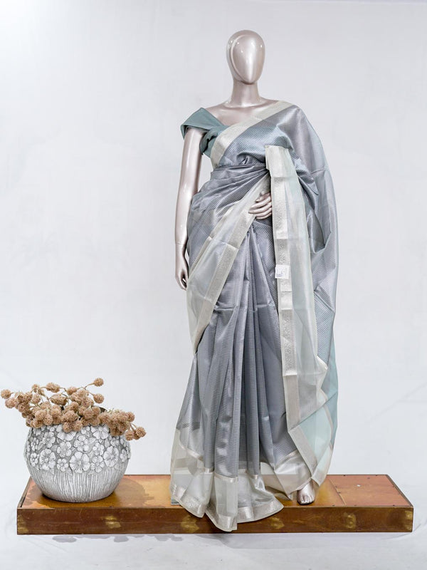 Silver Grey Tissue Organza Saree with Silver Zari Border SAN5484