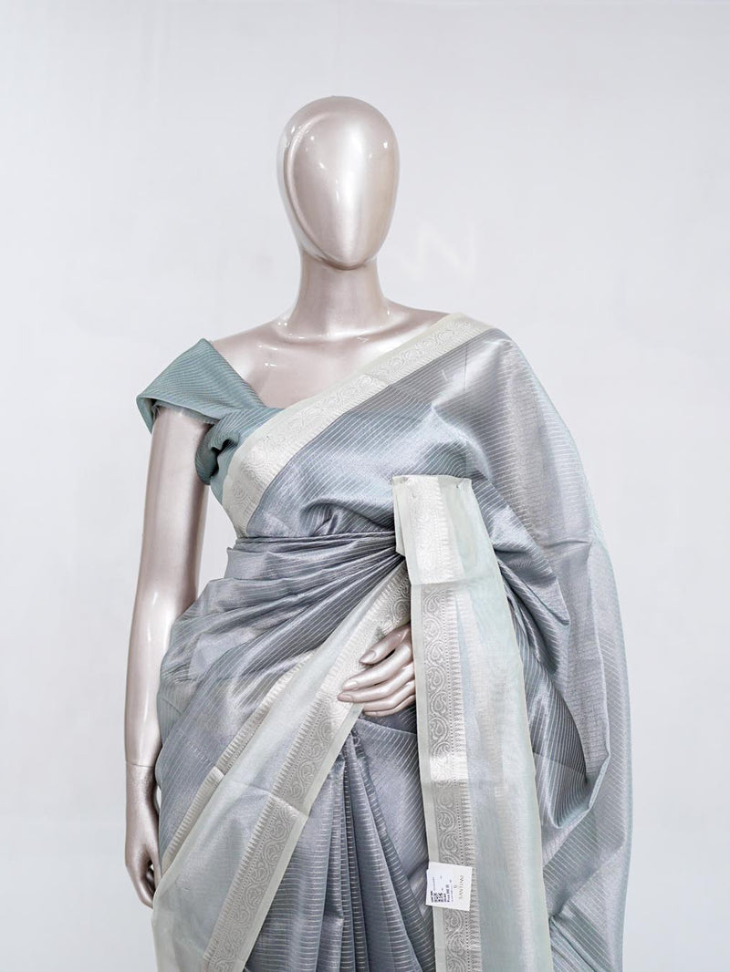 Silver Grey Tissue Organza Saree with Silver Zari Border SAN5484