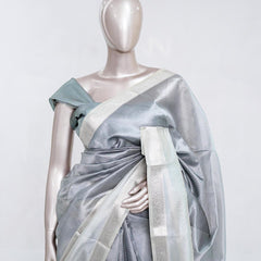 Silver Grey Tissue Organza Saree with Silver Zari Border SAN5484