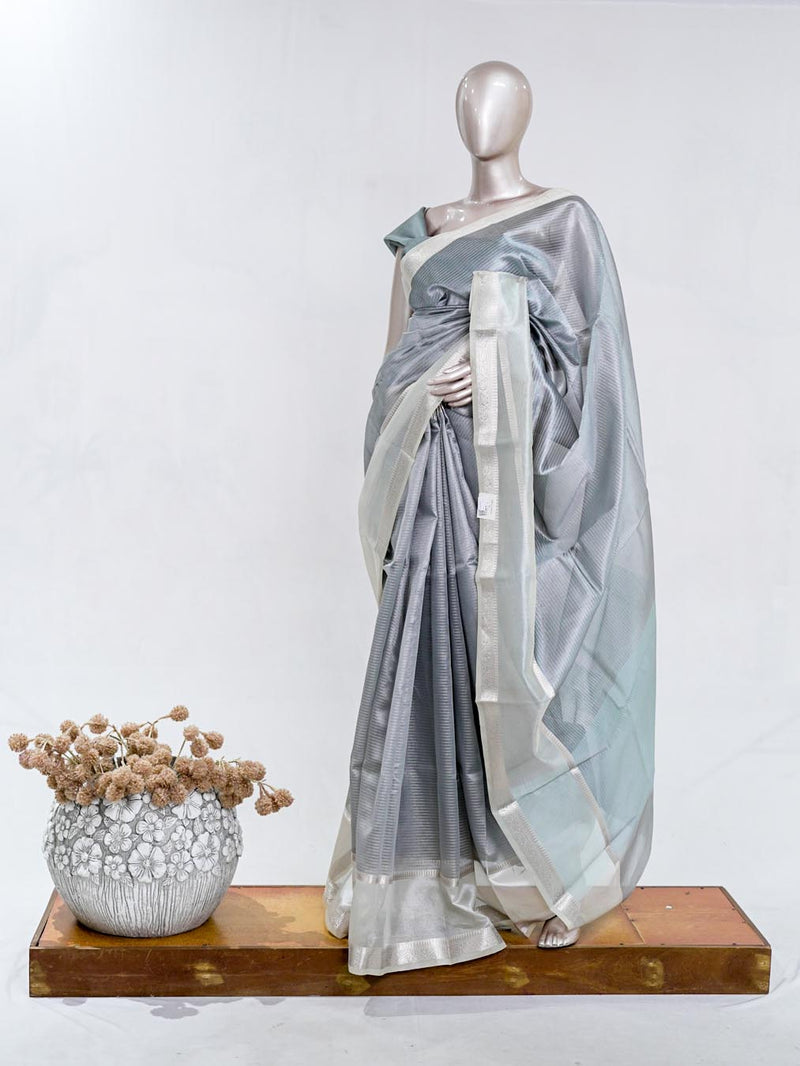Silver Grey Tissue Organza Saree with Silver Zari Border SAN5484