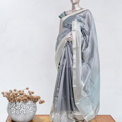 Silver Grey Tissue Organza Saree with Silver Zari Border SAN5484