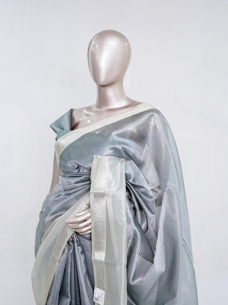 Silver Grey Tissue Organza Saree with Silver Zari Border SAN5484
