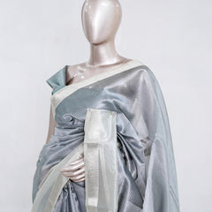 Silver Grey Tissue Organza Saree with Silver Zari Border SAN5484