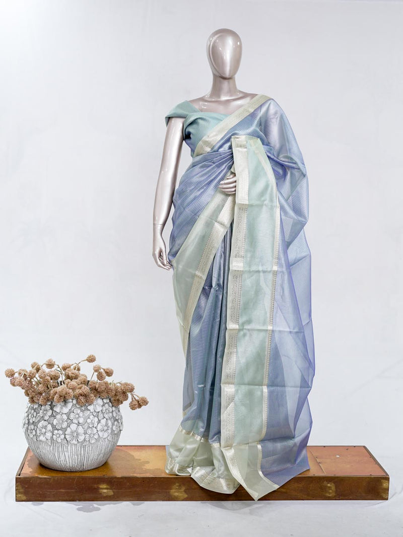 Powder Blue Tissue Organza Saree with Silver Zari Border SAN5484