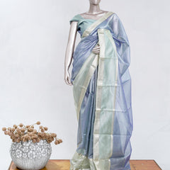 Powder Blue Tissue Organza Saree with Silver Zari Border SAN5484