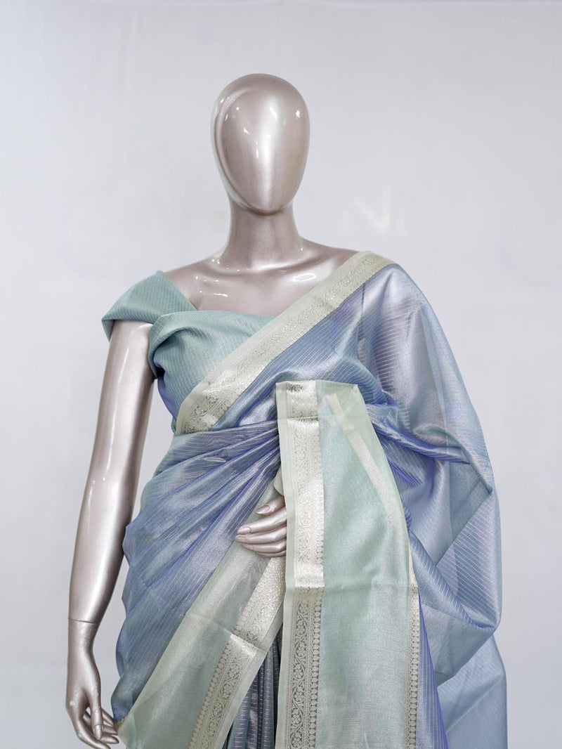Powder Blue Tissue Organza Saree with Silver Zari Border SAN5484