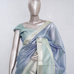 Powder Blue Tissue Organza Saree with Silver Zari Border SAN5484