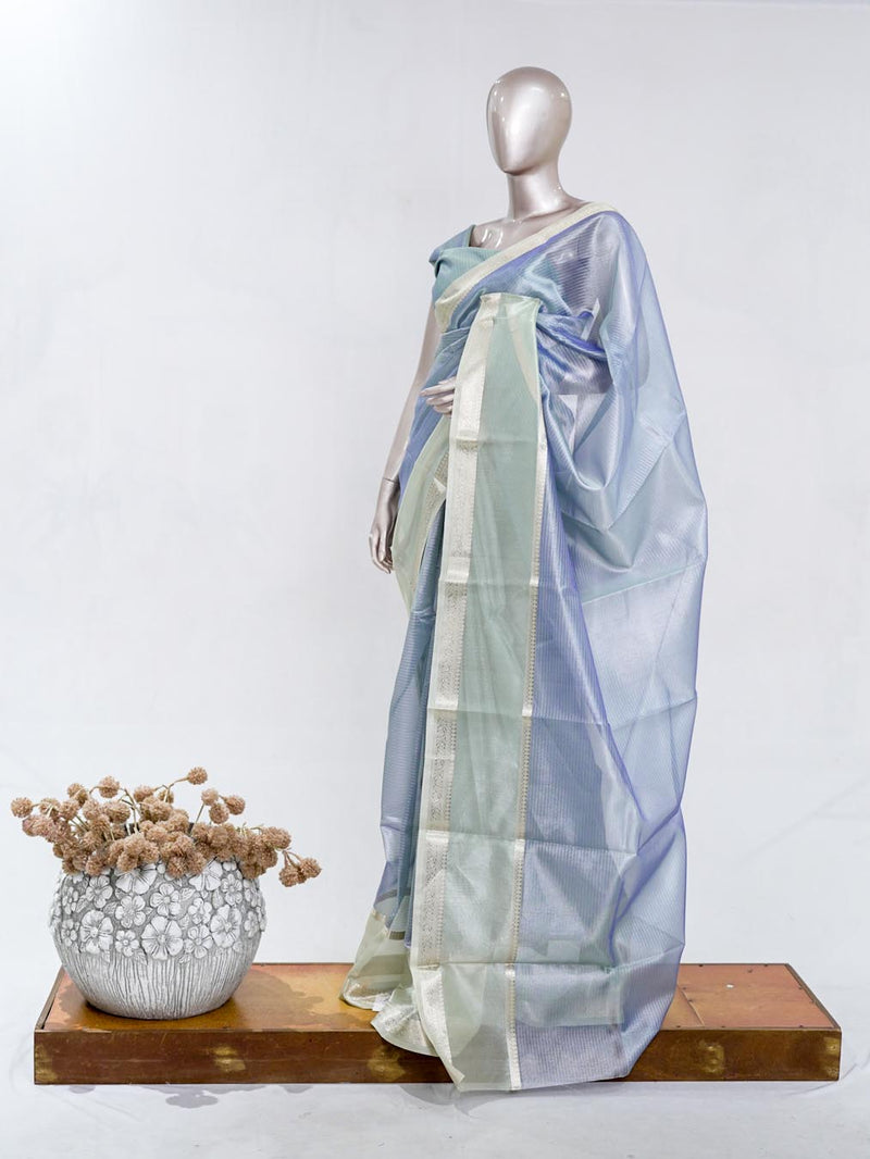 Powder Blue Tissue Organza Saree with Silver Zari Border SAN5484