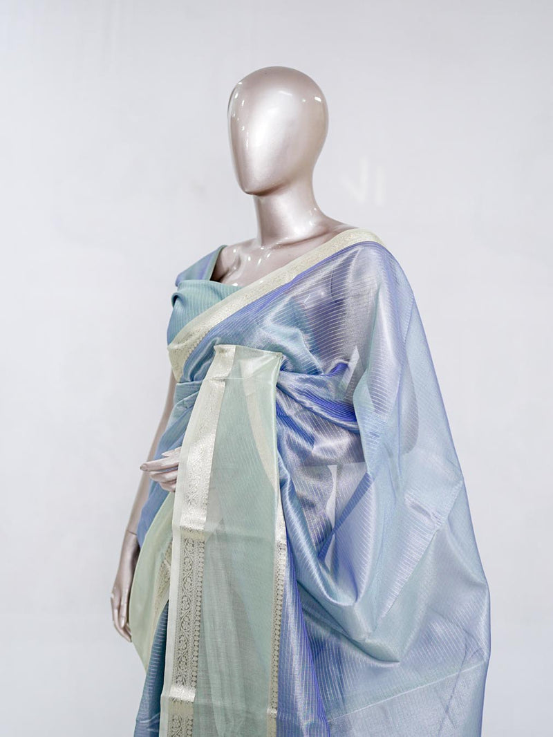 Powder Blue Tissue Organza Saree with Silver Zari Border SAN5484