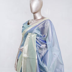 Powder Blue Tissue Organza Saree with Silver Zari Border SAN5484